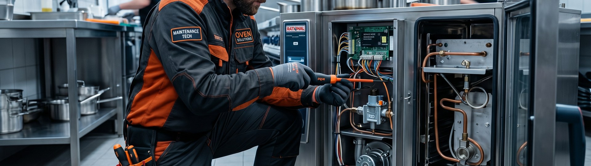 Técnico Teccook realizando manutenção em forno Rational